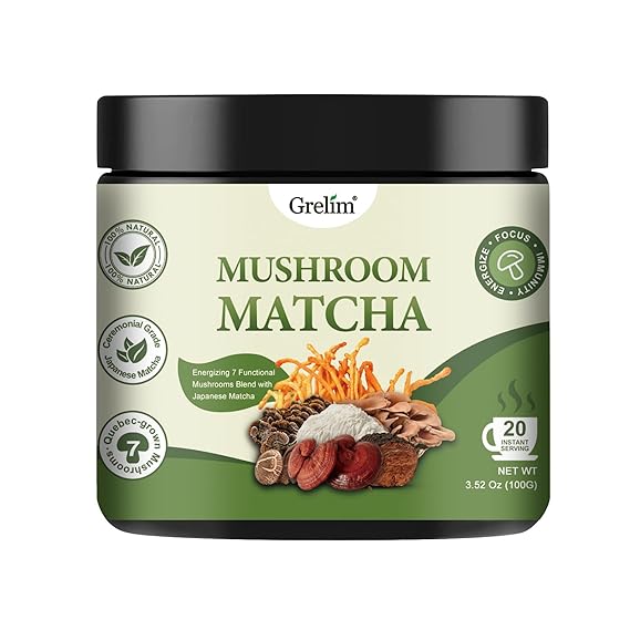Grelim Mushroom Matcha, Japanese Ceremonial Matcha Infused With 7 Superfood Mushrooms