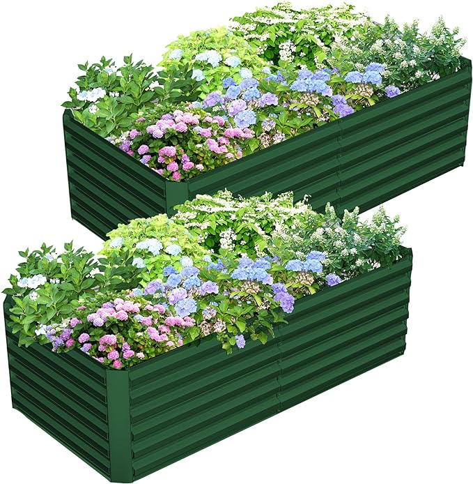 FOOWIN 2pcs 8x4x2ft Galvanized Raised Garden Bed Deep Root Planter Box for Vegetables (Green)