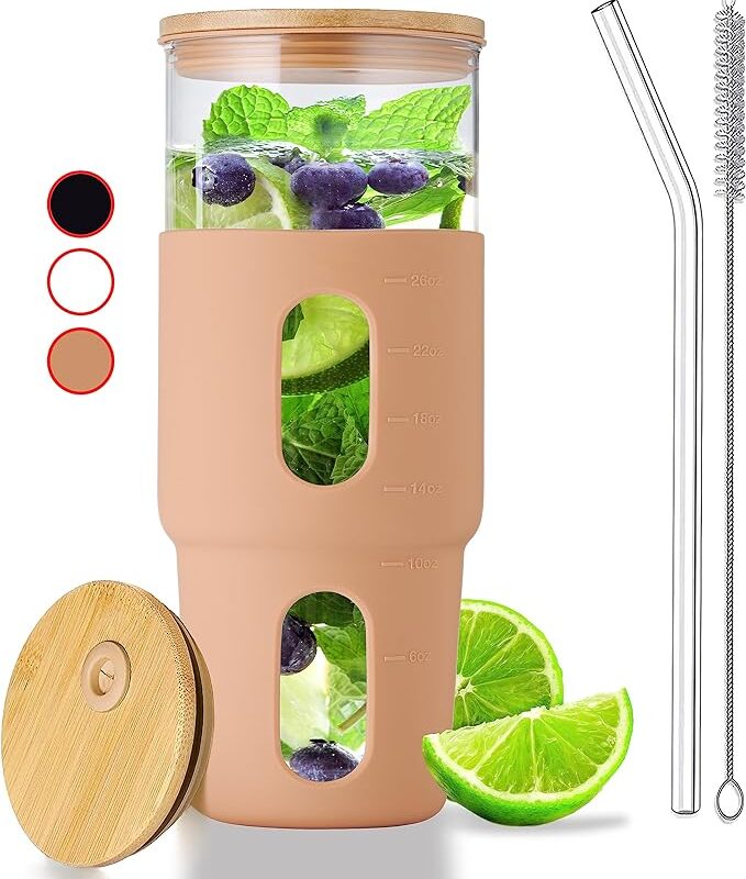 32oz Drinking Glass Tumbler with Bamboo Lid and Straw
