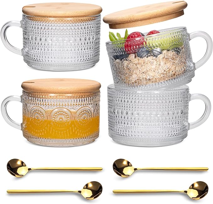 Vintage Coffee Tea Cups [4 Pack], 14 oz Glass Tea Coffee Mugs