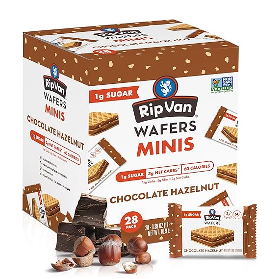 Rip Van Chocolate Hazelnut Mini Wafer Cookies – Healthy Low Sugar Snacks – 28 Count