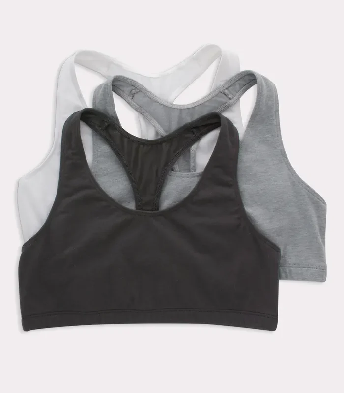 Hanes Women's Cotton Racerback Sports Bralette, Low Impact, 3-Pack